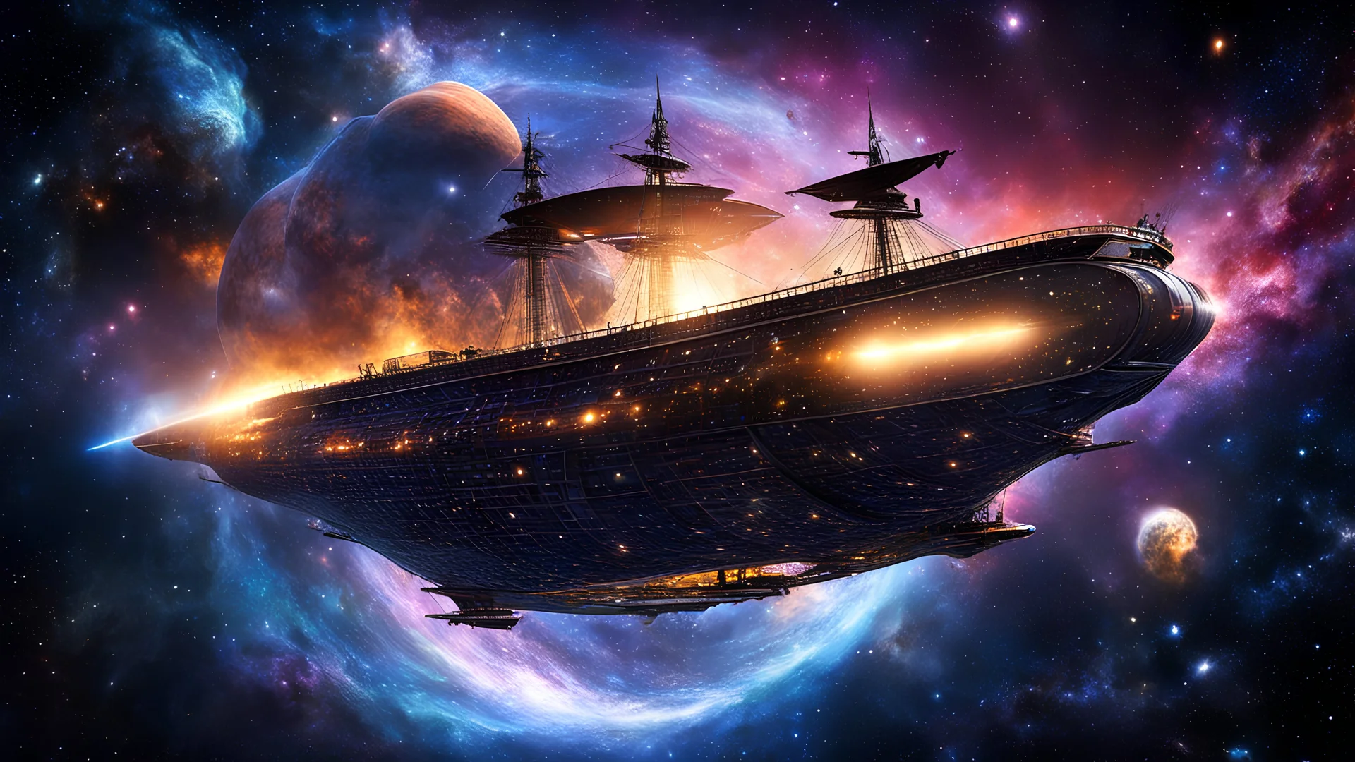 The cosmic pirate ship traverses through a wormhole, navigating unknown galaxies.