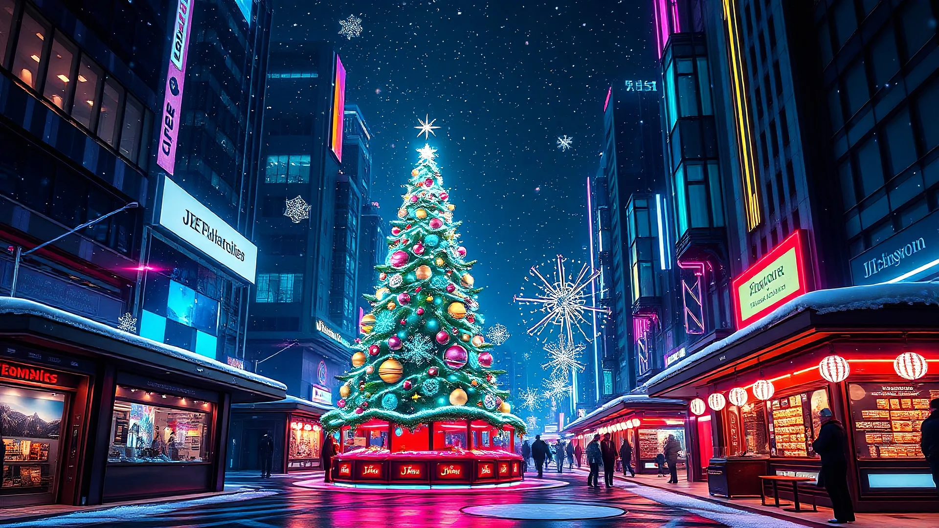 A dynamic, sci-fi Christmas wallpaper featuring a sleek futuristic city street, with a glowing holographic Christmas tree at the center surrounded by high-tech market stalls. Floating lights and holographic decorations hover in the air, while the buildings shimmer with vibrant neon colors against a dark, snowy night sky.