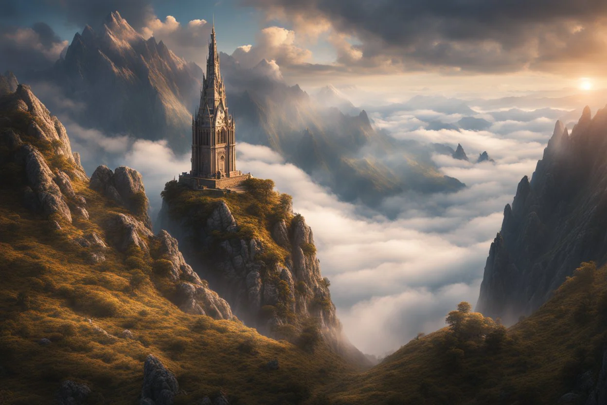 a needle thin tower on the top of a lonely steep massiv mountain reaching into the clouds. fantasy concept art, exquisite realism, a masterpiece, dynamic lighting, hyper detailed, intricately detailed, deep color, Unreal Engine, volumetric lighting , Epic cinematic brilliant stunning intricate meticulously detailed dramatic atmospheric maximal,