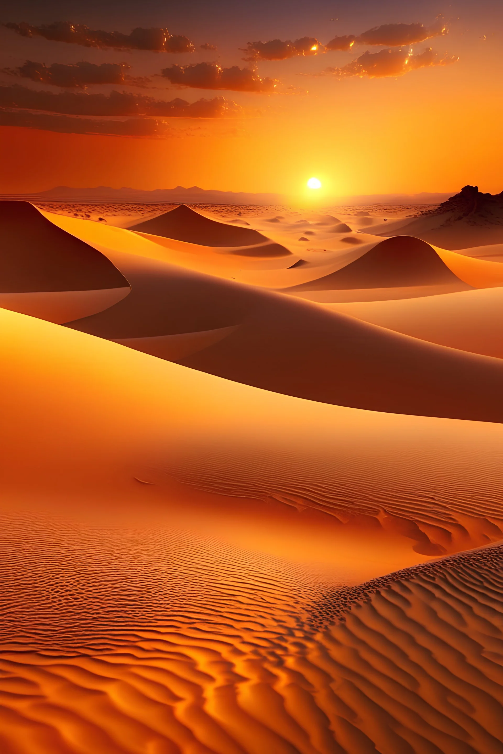 A realistic desert with sand dunes and a sunset