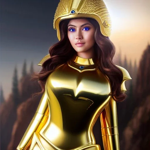 ultra detailed fullbody Portrait in oil on canvas of a beautiful busty woman with Saint Seya Gold armor with helmet,extremely detailed digital painting, extremely detailed face,crystal clear Big eyes, mystical colors ,perfectly centered image, perfect composition,rim light, beautiful lighting, 8k, stunning scene,extremely sharp detail, finely tuned detail, ultra high definition raytracing, in the style of robert e howard and pablo oliveira and Ken Kelley and Ohrai Noriyoshi and Simon Bisley