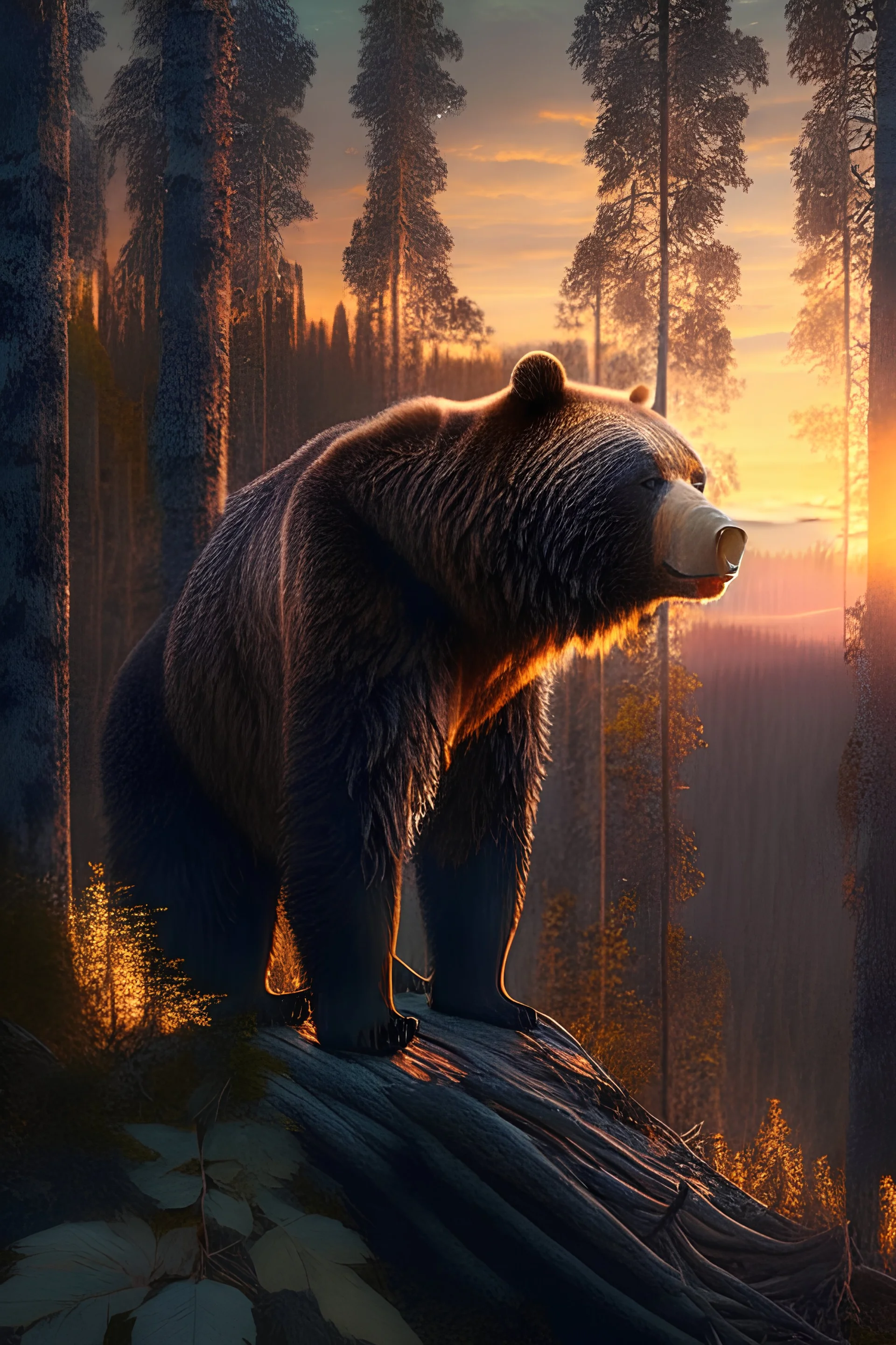 a metallic GRIZZLYin the forest looking at the sunset