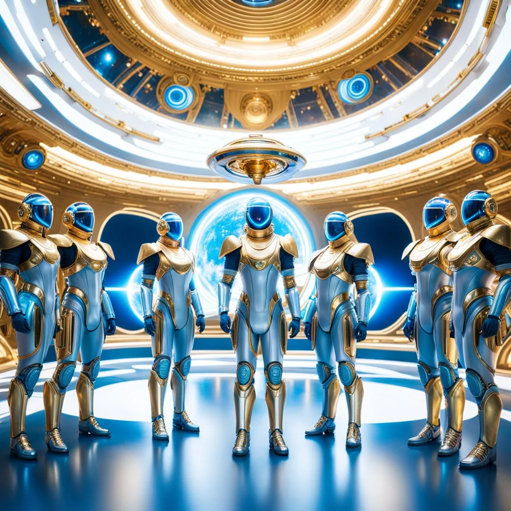 (masterpiece, best quality, 8k, RAW photo, beautiful and aesthetic:1.2), complex detail, Indirect light, photorealistic, (((full body))), a A group of Cosmic gods smiling, Mixed, sci-fi, spiritual and cyborg outfit with golden futuristic artifacts, white, blue and silver elements- Inside a great room of a flying saucer with a round hublot showing a galactic sunset