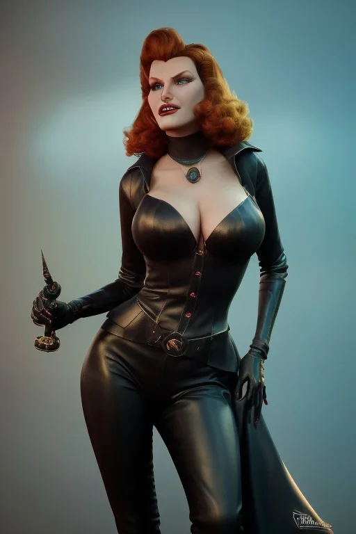 Rita Hayworth as evil queen in black leather, busty, cleavage, curvy, angry, stern look. character design by cory loftis, fenghua zhong, ryohei hase, ismail inceoglu and ruan jia. unreal engine 5, artistic lighting, highly detailed, photorealistic, fantasy