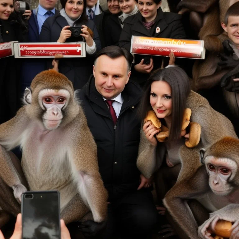 DARK HAIR politician of poland TAKING A PHOTO WITH MONKEYS, MUSHROOMS IN THE BACK monkeys monkeys