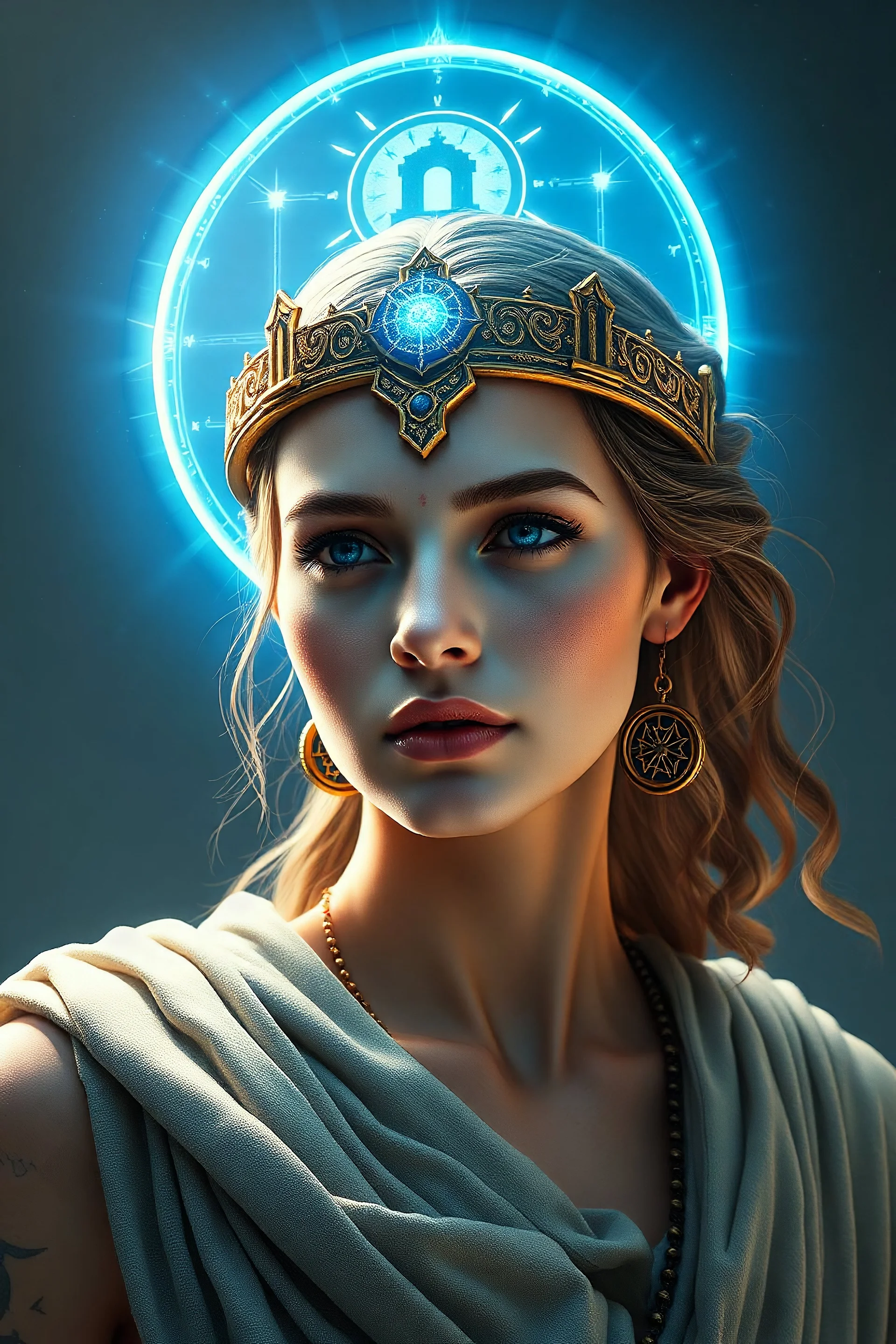 Create a photo realistic image of a god like women with a mystic blue ring above her head with symbols of mystic ruins