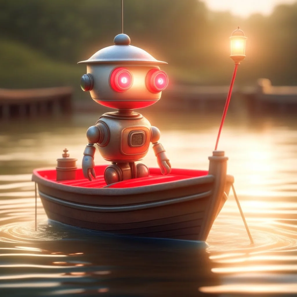 cute blessed robot fishing from a small steam boat, 8k, downlight, soft light, depth of field, photorealism, trending on art station, lotsa detail