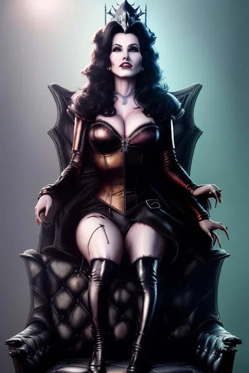 painting of lisa ann as evil queen in black leather, sitting on a throne, leather, angry, stern look, volumetric lighting, particales,highly detailed,cinematic, deep colours,8, highly detailed, digital painting, artstation, concept art, smooth, sharp focus,