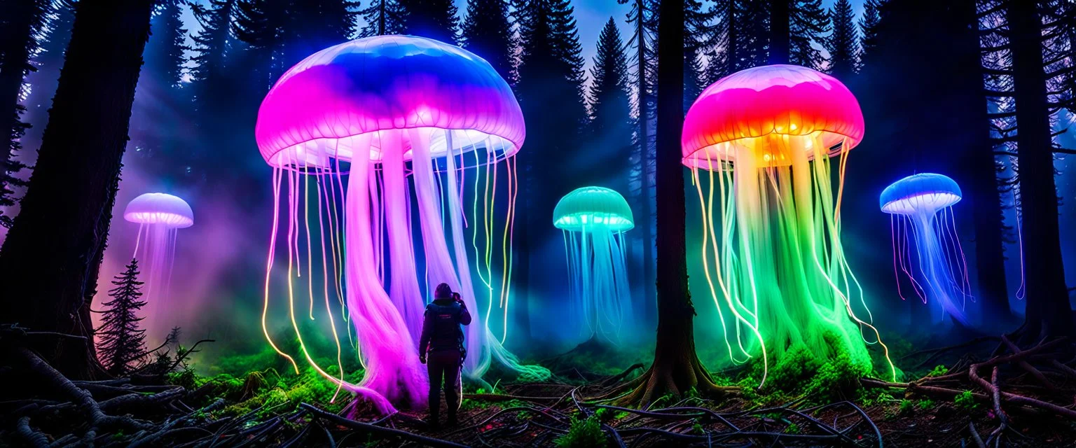 giant bio luminous Rainbow floating high JellyFish, Epidemiologist yeti inspecting the organism, light floating in a forest, mist, light trails, nighttime, long exposure, Treeline, Alberta, scientist, Dystopian, Hyper detailed, Realistic, Extreme depth of field, bokeh blur, Alberta all-natural, National Geographic, in the style of candid, imperfection, natural lighting, cinematic, Fuji Film, Anamorphic lens, 2040s, --ar 4:5 --w 150 --style raw