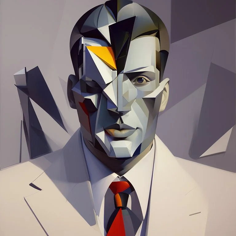 a painting of a man in a suit and tie, a cubist painting by Stanton Macdonald-Wright, Artstation, cubo-futurism, cubism, angular, constructivism