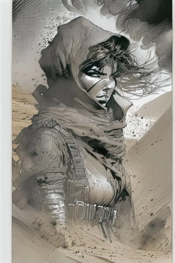 create an ink wash and watercolor, fine art print full body portrait illustration of a rugged gritty, roughly textured, hooded, black clad and dusty Fremen female mercenary with highly detailed feminine facial features, amidst the billowing desert storms of Arrakis, in the comic book art style of Bill Sienkiewicz, and Jean Giraud Moebius, finely textured, drawn, colored, and inked,