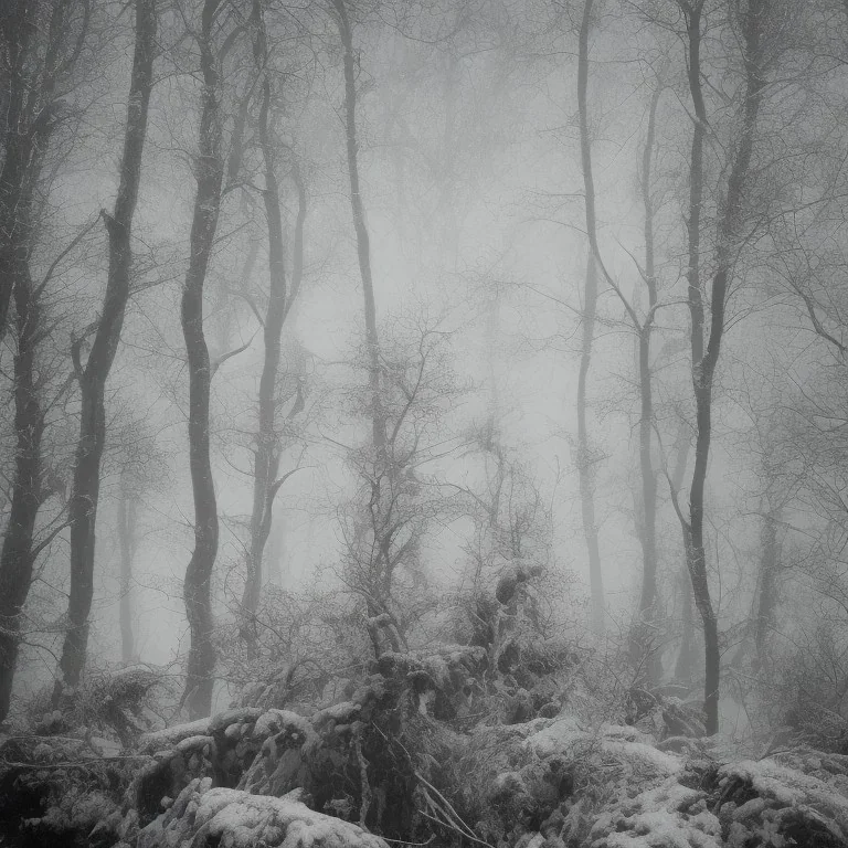 winter landscape, ice field, crystals, dreamlike, foggy, lost in the woods