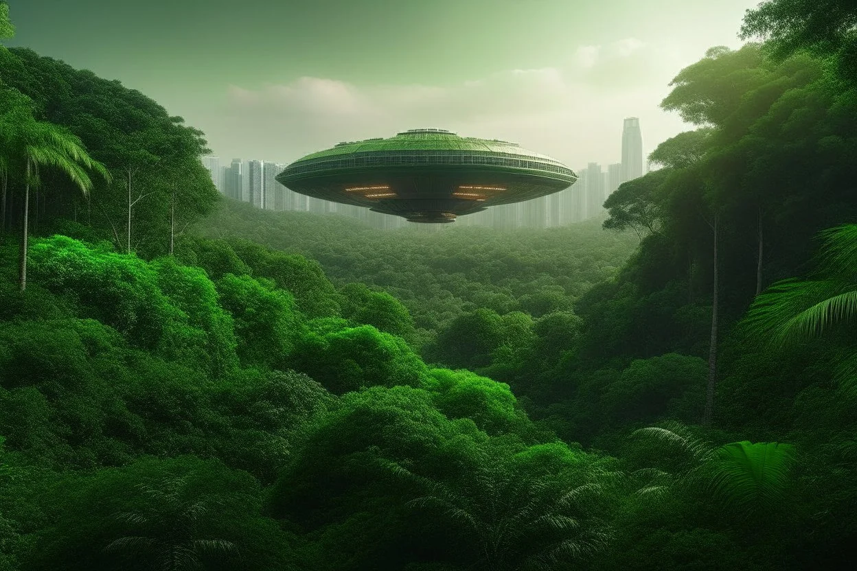 spaceship flying low over a jungle city