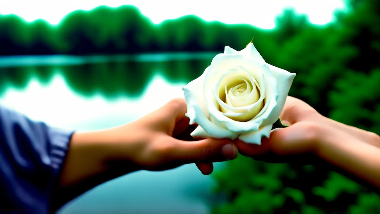 a young woman's and man's hand together holds a bunch of white rose , in the blur background a lake, some green trees, ultra detailed, sharp focus, perfect anatomy, perfect hands with fingers, perfect photo