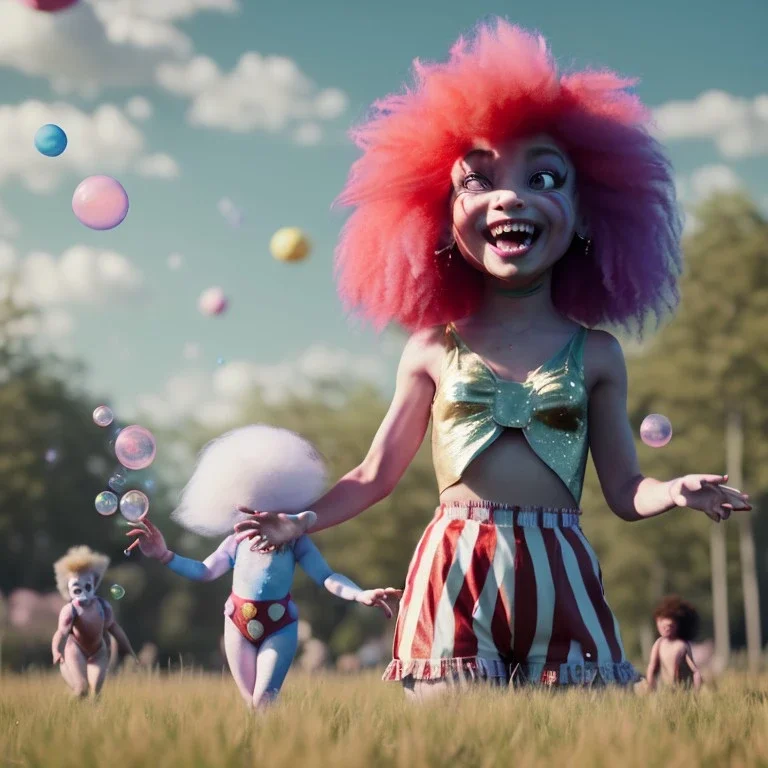 Ultra realistic circus scene. Sweet big hair monster. Child’s playing, smile, happy, color bubbles, smooth color, waist up view, Wes Anderson style, dark ambient, highly detailed, concept art, unreal engine 5, god rays, ray tracing, RTX, lumen lighting, ultra detail, volumetric lighting, 3d, finely drawn, high definition, high resolution.