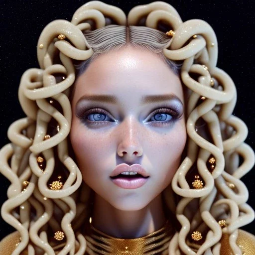 brown eyes, curly spaghetti hair roll, blonde cute young woman singing at saturns europa moon, golden jewelry, ice cold, winter, magnificent, majestic, highly intricate, incredibly detailed, ultra high resolution, complex 3d render,renaissance painting