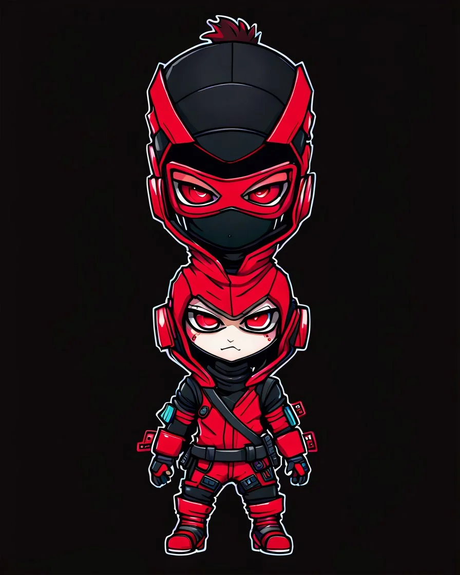 dibujo de contorno de un Ninja Chibi negro y rojo con traje cyberpunk, full body, fondo de ciudad, pies completos