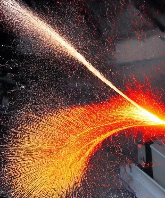 A hose pouring cosmic goo water fire plasma electricity angle grinder Sparks