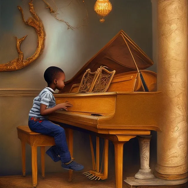 African American baby boy musician with piano modern art