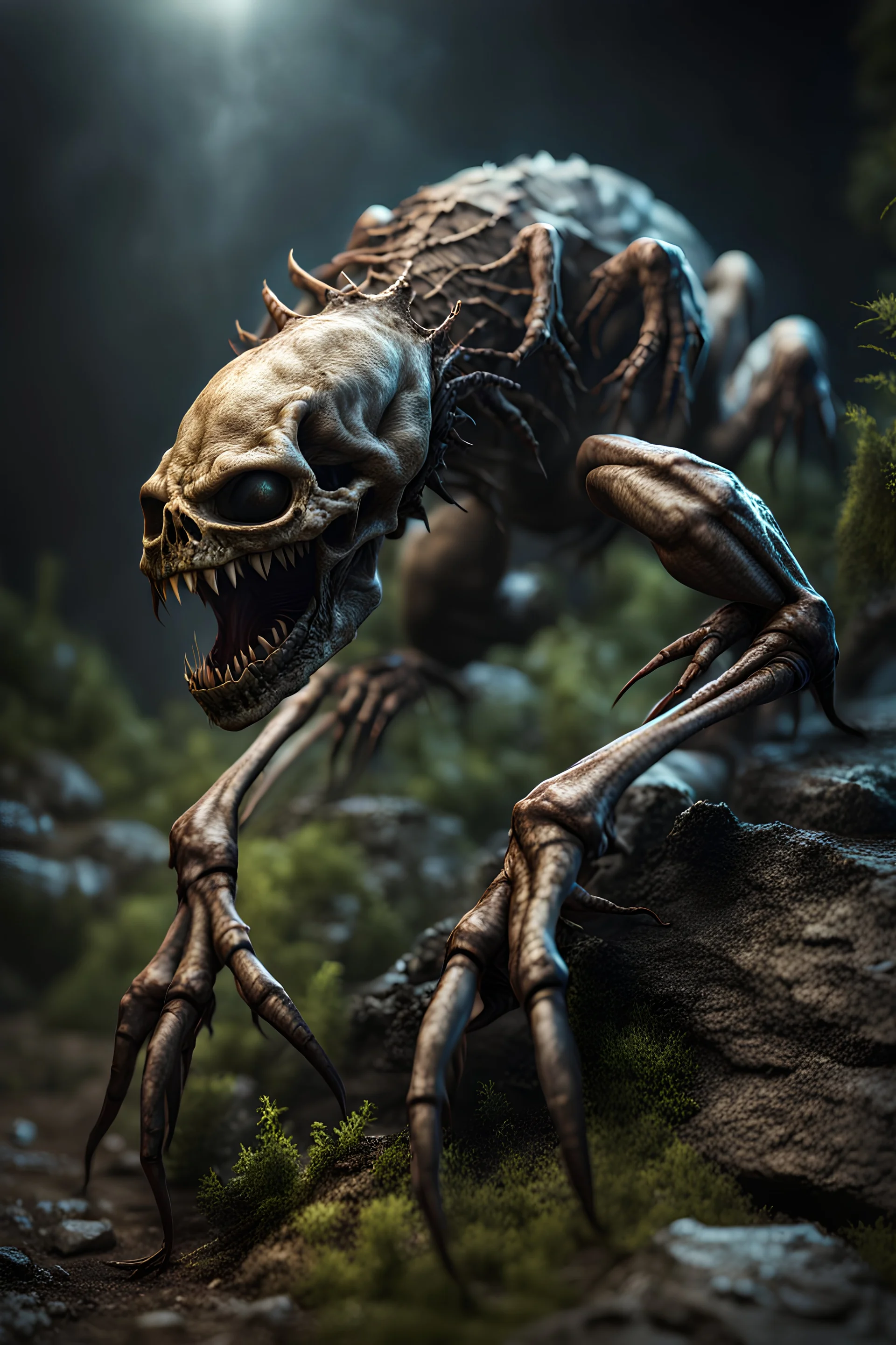 Crawling undead Claw. full body shot. fantasy and horror setting, Cinematic lighting, Volumetric lighting, Epic composition, Photorealism, Very high detail, Character design, Unreal Engine, Octane render, HDR, Subsurface scattering, fantasy art,