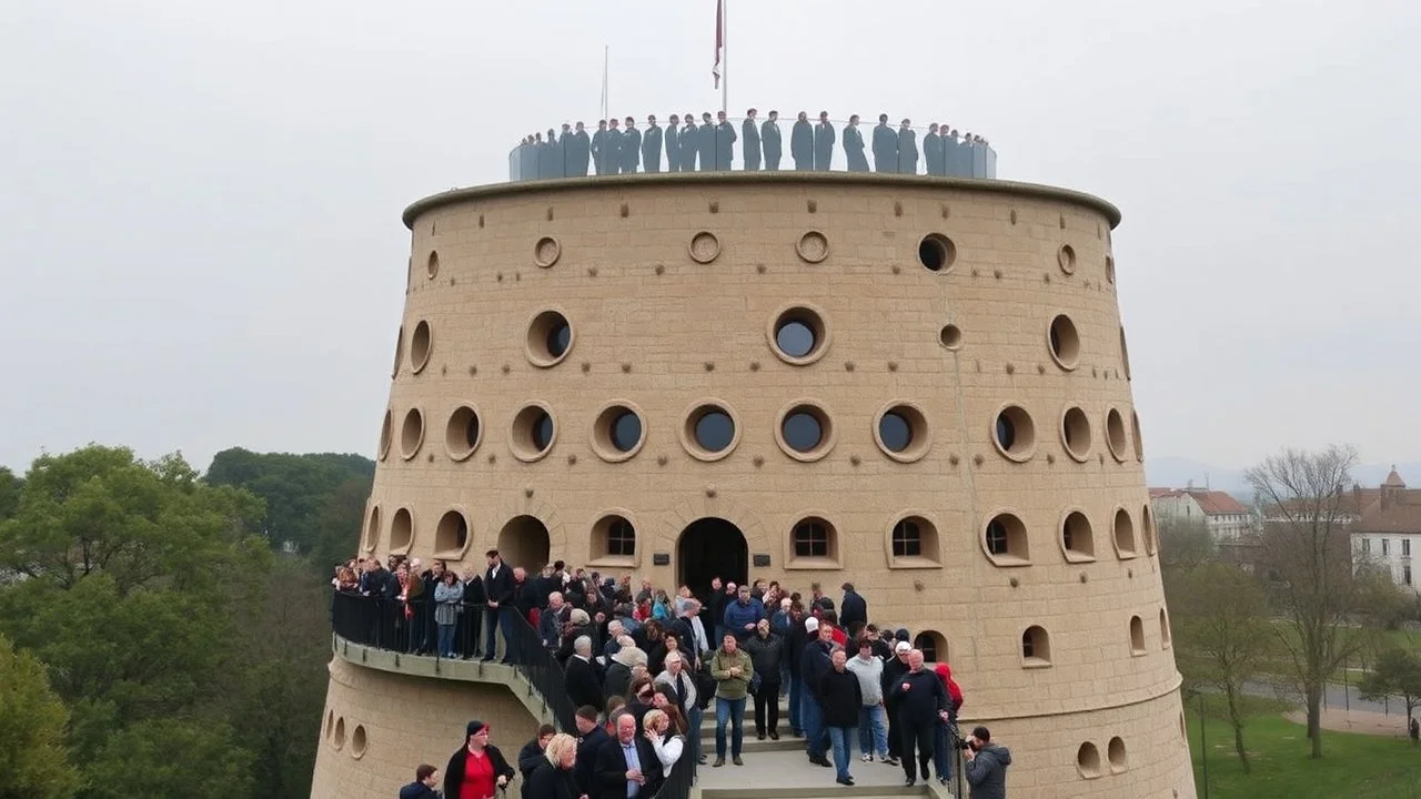 Conical tower with lots of randomly placed round windows, viewing platform on top, long queue of people waiting to go in, award-winning photograph, exquisite realism