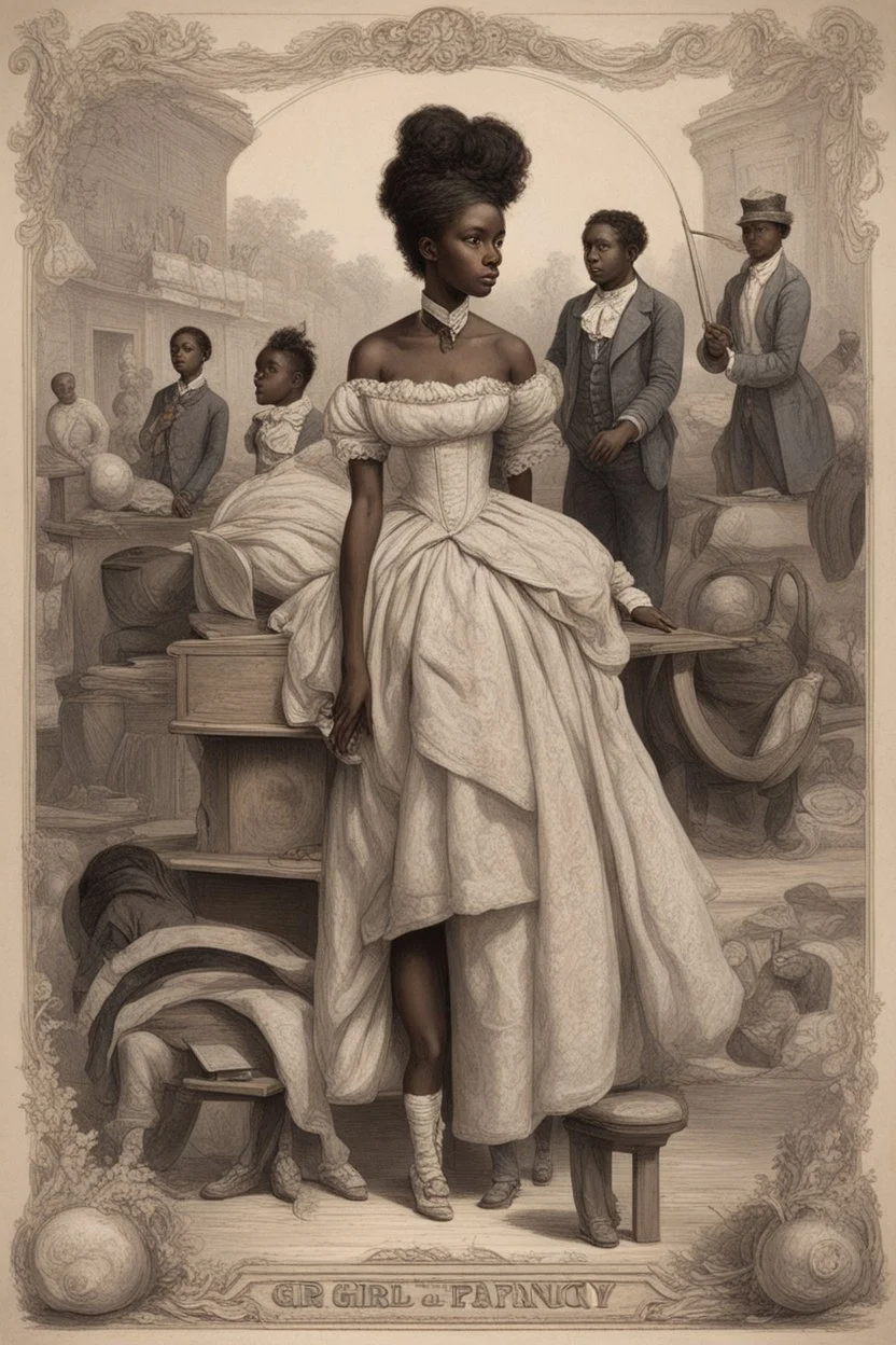 Create an image representing the "fancy girl" industry controlled by Armfield and Franklin, with scenes of transportation and trade. Depict the contrast between the lives of slaves considered "fancy girls" and other slaves during that era.