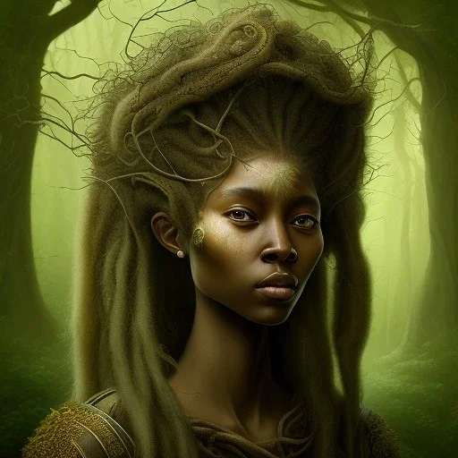 Renaissance style. Watercolour Painting. the face of A young black woman. A wood nymph emerging from the forest. Her hair looks like vines. leaves and gnarled branches extending past face and morphing into reality, Dreadlocs. Her skin is the colour of dark soil. Her skin looks like tree bark. Her clothing is made of vines, grass and leaves.