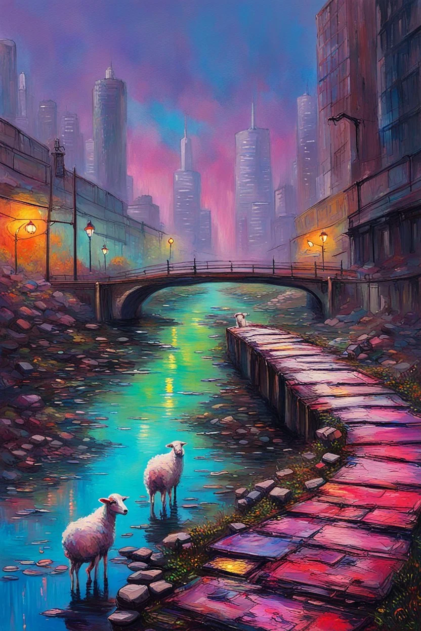 painting of a cyberpunk colourful natural walkway rubbish on the street in the city with pollution and a small bridge by a creek with electric sheep and androids by monet