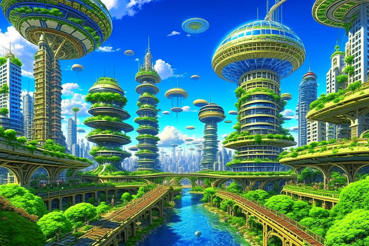 detailed alien cityscape, buildings with balconies, tracks, roads, paths, river, trees, dense foliage, blue sky, white clouds