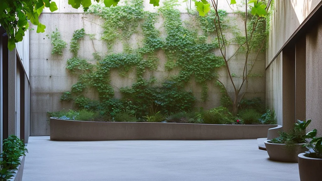 A small and irregular courtyard with curved concrete walls with random openings or openings of different sizes through which the sun's rays enter and other straight glass walls through which the silhouette of people inside can be guessed. Ivy grows on some of the walls.