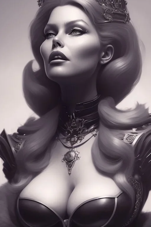 Brigitte Bardot as evil queen in black leather, leather, busty, cleavage, angry, stern look. character design by cory loftis, fenghua zhong, ryohei hase, ismail inceoglu and ruan jia. unreal engine 5, artistic lighting, highly detailed, photorealistic, fantasy.