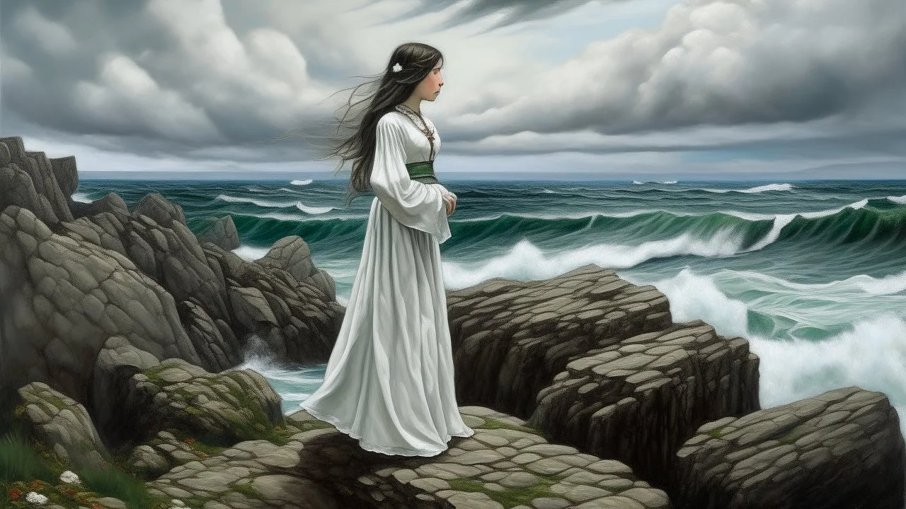 A woman in a traditional white dress with a patterned hem stands on a rocky shore, looking out at a vast, choppy sea under a dramatic, cloudy sky. The landscape is rendered in earthy tones with hints of green and blue, and scattered rocks dot the foreground and midground. The woman's long, dark hair flows in the wind, and she is adorned with necklaces and a headpiece. The overall mood is one of solitude and contemplation against a powerful natural backdrop.