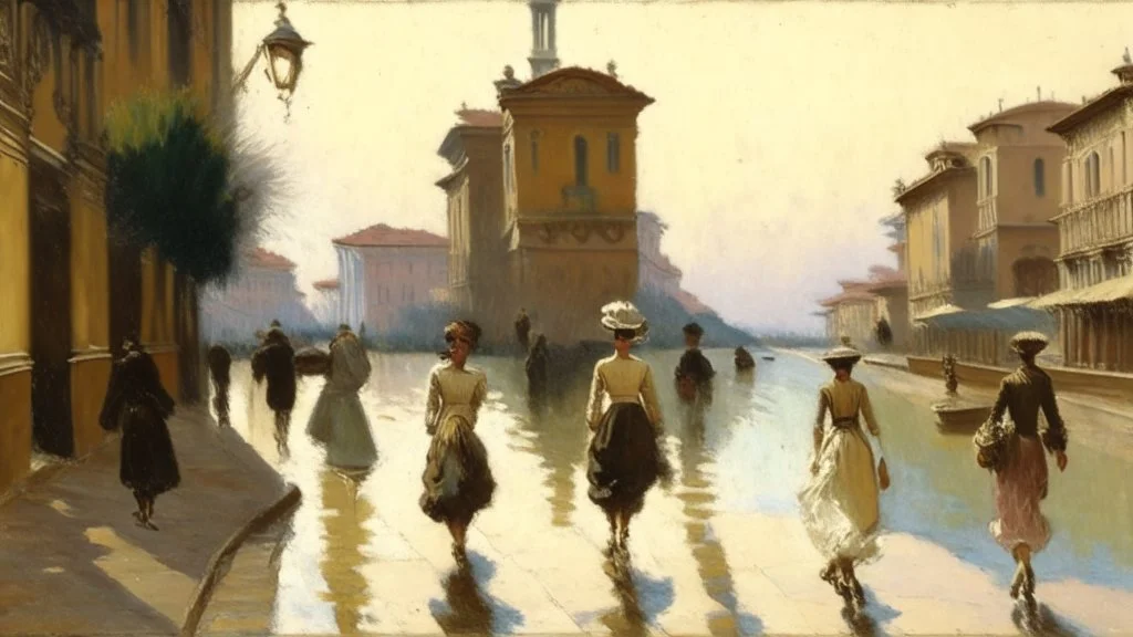 a painting of people walking down a street next to a body of water by Telemaco Signorini, featured on pixiv, american barbizon school, academic art, cityscape, henry moore