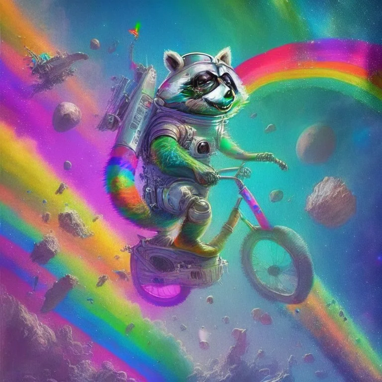 A raccoon astronaut riding a rainbow bike on a mission to gather space trash, jumping over asteroids as he goes.