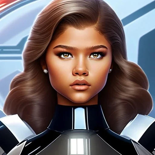 Zendaya, star wars black bikini uniform Empire officer, movie poster, heroic gaze windswept hair