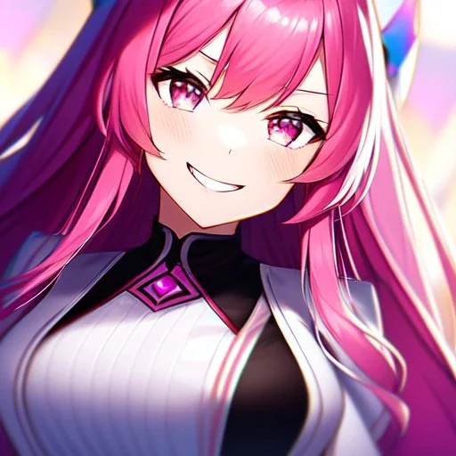 girl, masterpiece, best quality, volumetric lighting, detailed outfit, perfect eyes, dark pink hair, pink eyes, long hair, close-up, laughing, angry,