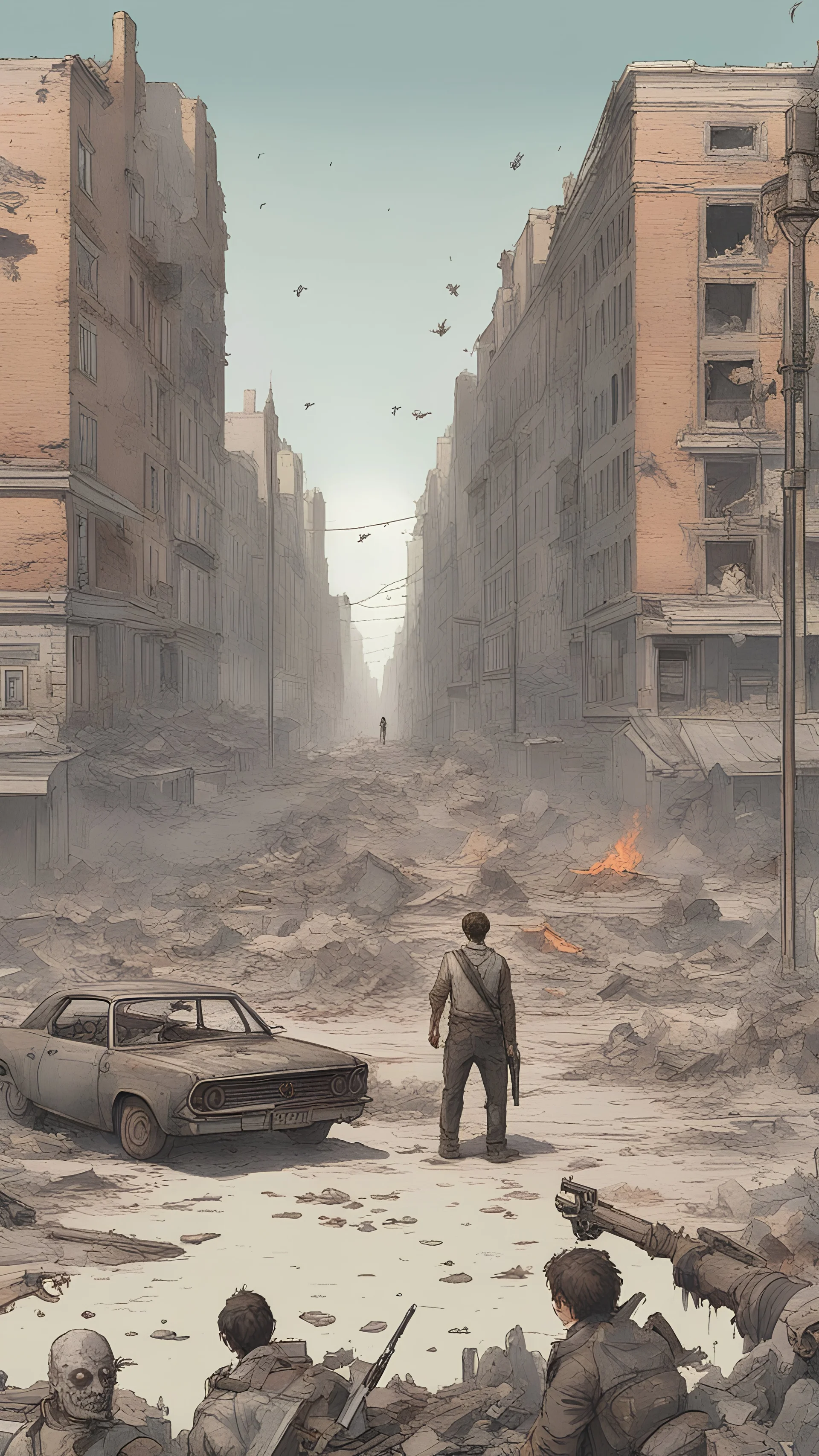 landscape with two buildings on either side separated by several destroyed streets, a car on fire and a person with a firearm pointing at a horde of zombies