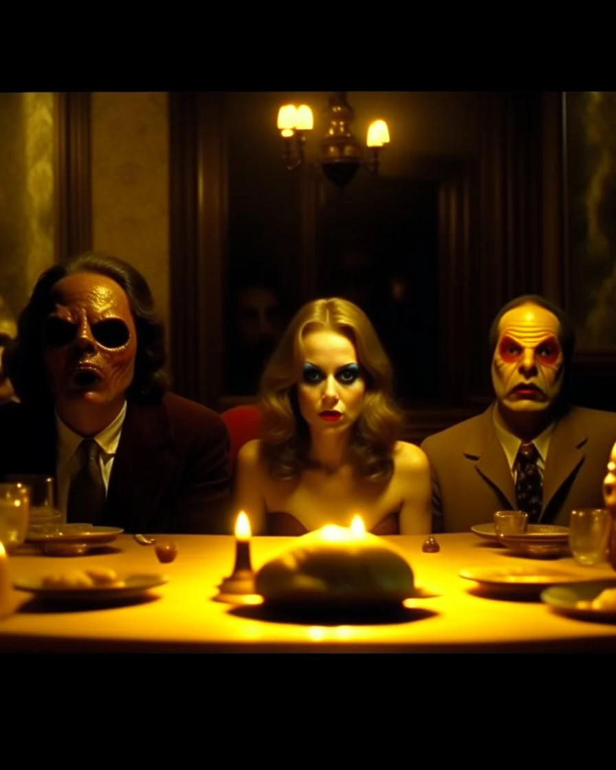 Spooky, ultra realistic distress, dining, ultra realistic hot woman, nose, giant eye on a table, organic hot bondes, bredst, dynamic, anguish, Stanley Kubrik Eyes wide shut, excited and lively scene, hypermaximalist figures, Creepy the Ring Alfred Hitchcock, Sam Raimi, insanely detailed, sinister, John Carpenter, Dario Argento, ornate