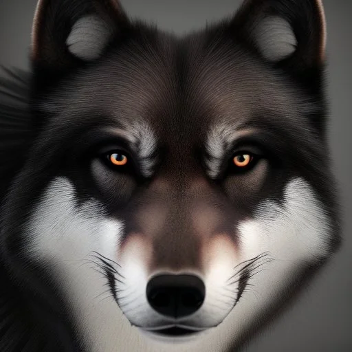 Ultra realistic cg rendering of black wolf with gold eyes