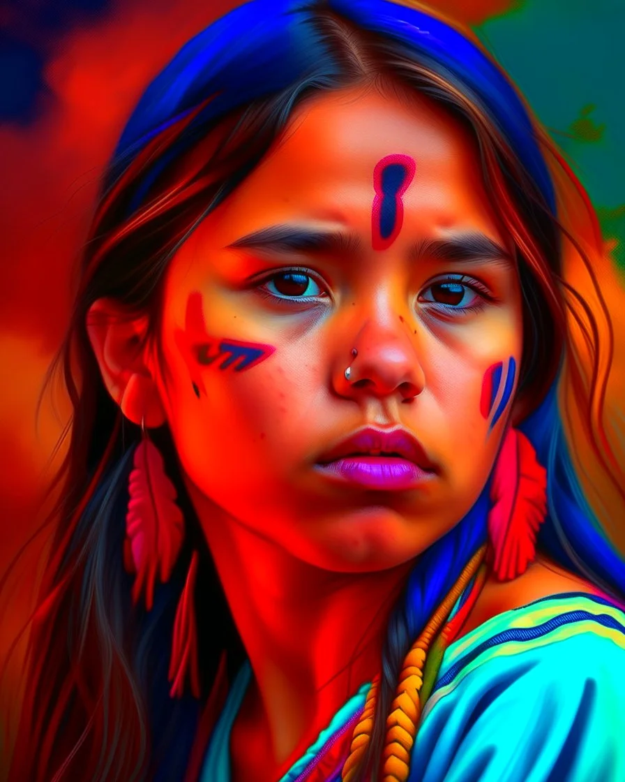 Lucy Dandurand painting style , a portrait of a young American Indian, high quality, professional photography 8k