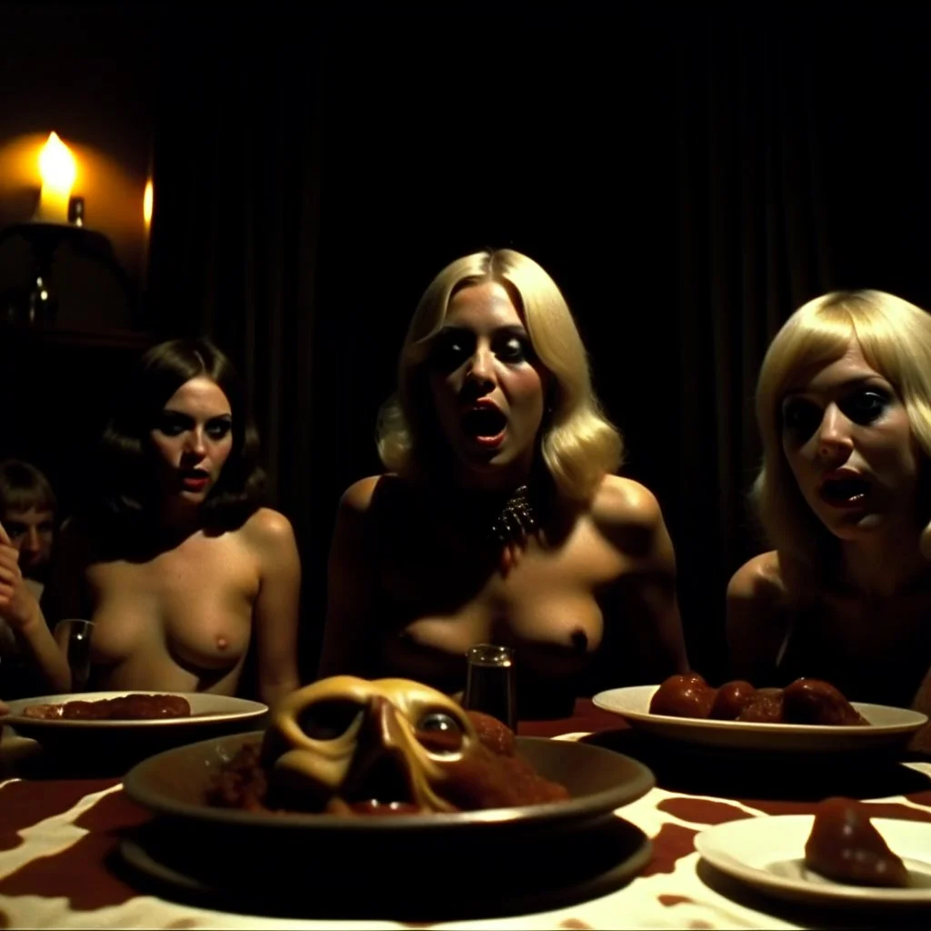 Horror movie shot, spooky, hot, ultra realistic hot dine, ultra realistic hot blonde women, party, pieces of meat, organs, ail, dynamic, very excited people, hypermaximalist figures, light, 1970's Italian horror movie, sinister,, Dario Argento, Stanley Kubrik, ornate, 4k, photorealism