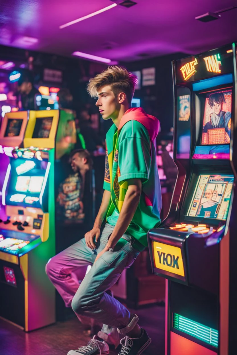 a millineal teenage boy is playing video arcade games, bright colored clothes from the 90s, hairstyles of that time