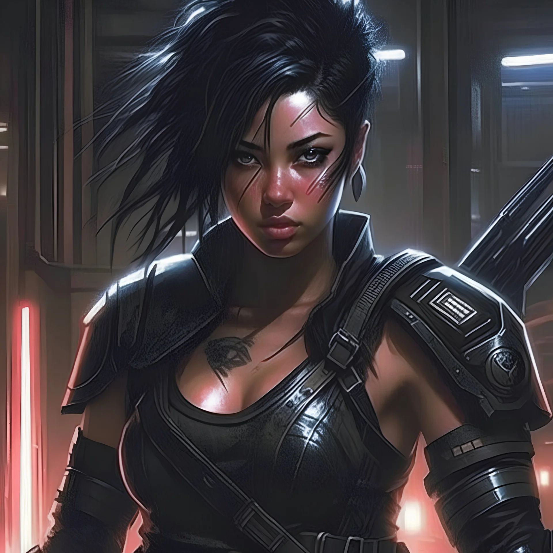 Halforc, dark hair, gladiator, shield, spear, cyberpunk