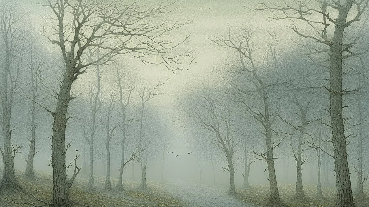 A pale bluish white foggy treetops with birds painted by John Atkinson Grimshaw