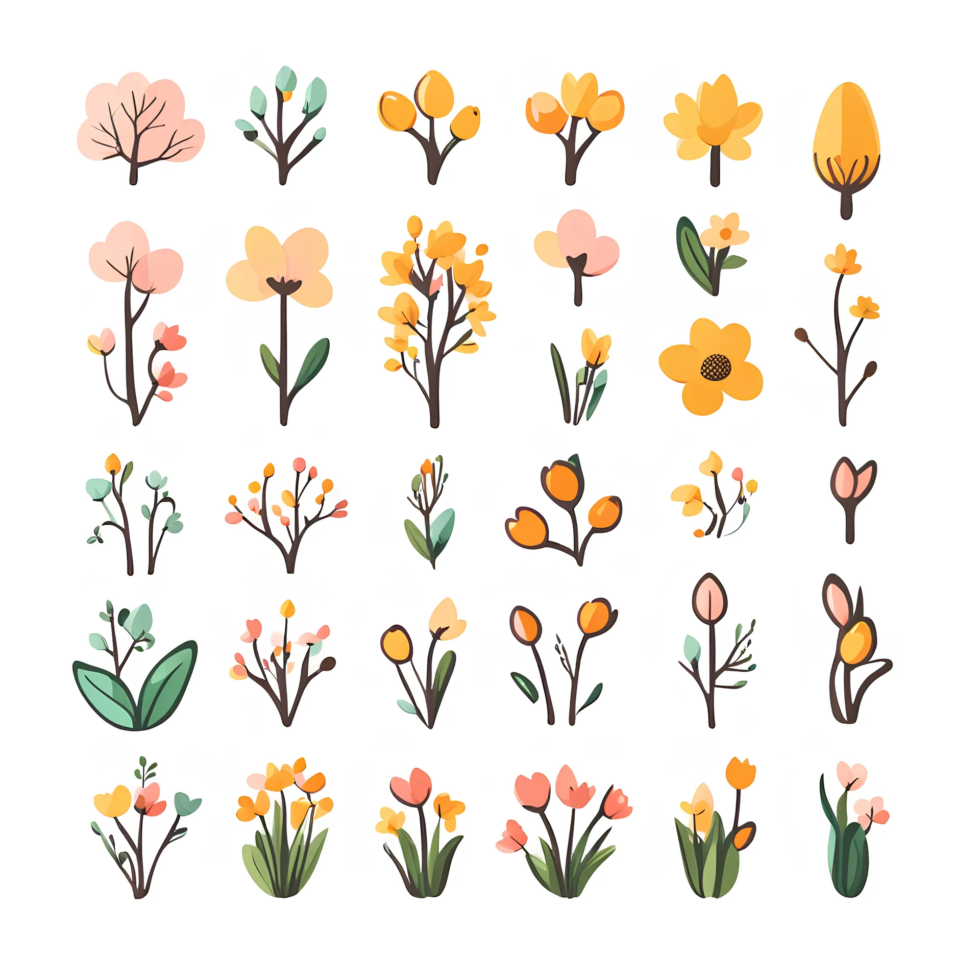 hand drawn of spring icon pack, simple flat color on white bakcground