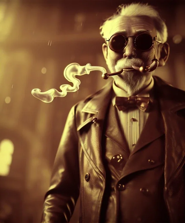 steampunk, cabaret scene. old man. little monkey, Sunglasses, rain, smoking, happy, hot. A lot of people background, highly detailed, concept art, unreal engine 5, god rays, ray tracing, RTX, lumen lighting, ultra detail, volumetric lighting, 3d, finely drawn, high definition, high resolution.