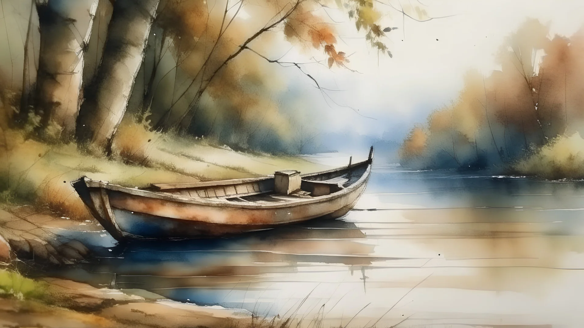 watercolor painting river with old boat