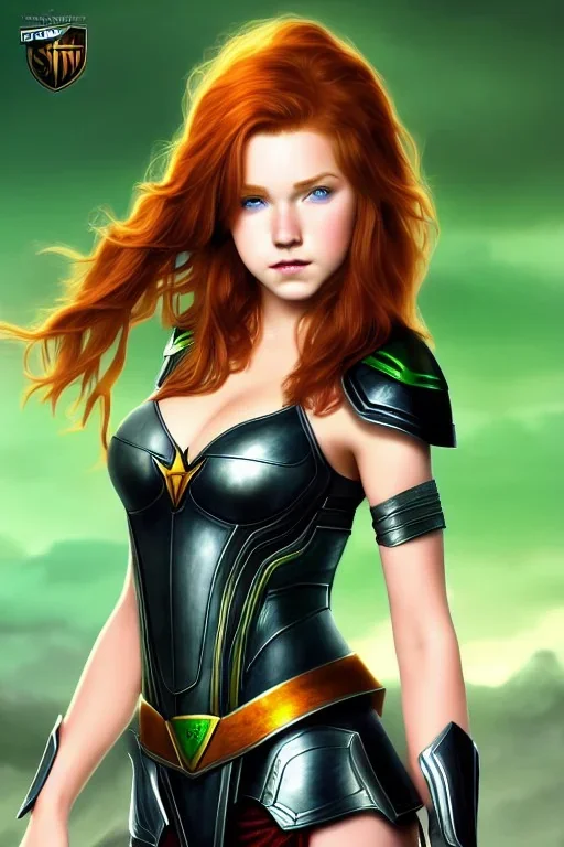 concept illustration, ultra-realistic, super-detailed, strikingly beautiful teen female, 16 years old, long ginger hair, green eyes, medium freckles, full lips, full body, full face, b-cup breasts, athletic, centred camera, ignore NSFW, black skimpy fantasy leather armor, stern expression