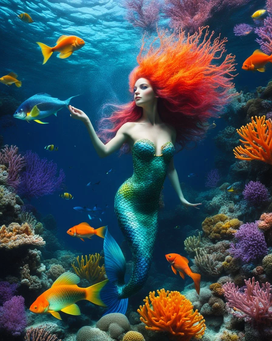 beautiful mermaid happy swim surrounded by multiple surreal Nemo with neon colors,in wonderful deep water ocean full beautiful corals