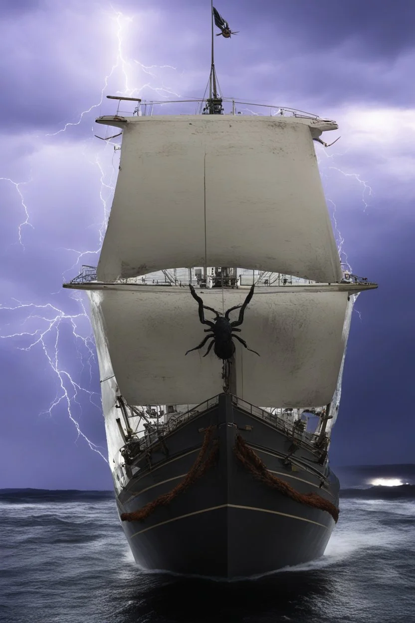 Ship front view with a Spider figurehead at night in a storm with giant waves